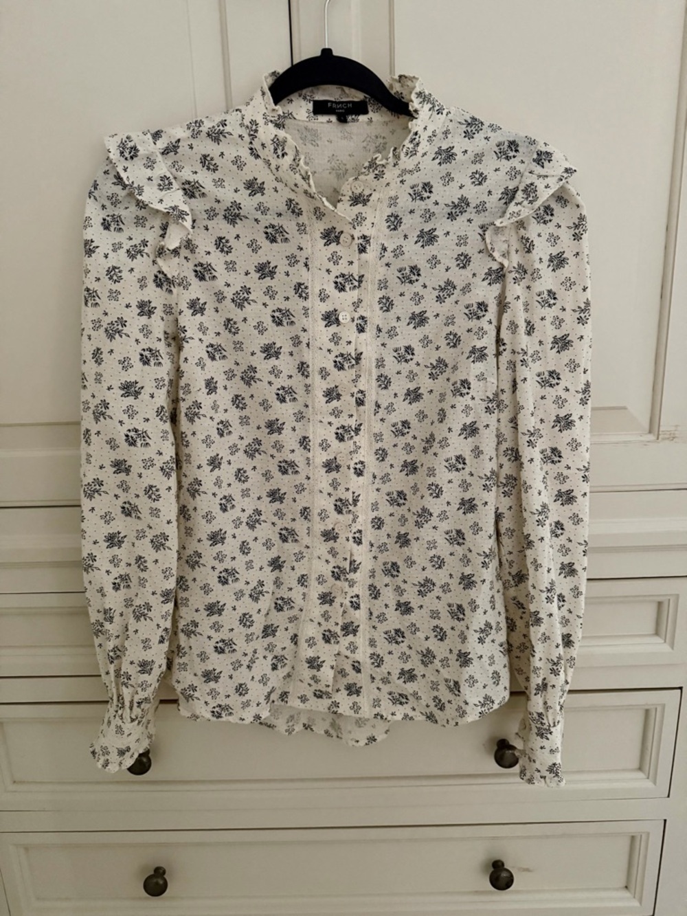 FRNCH Floral Ruffle-Trim Button-Front Blouse - Cream with Navy Print